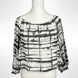 Alice + Olivia Black & White Brushstroke Print 3/4 Silk Blouse Top Lightweight S